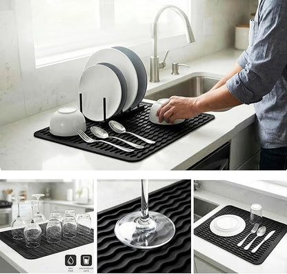 MicoYang Silicone Dish Drying Mat for Multiple Usage,Easy clean,Eco-friendly,Heat-resistant Silicone Mat for Kitchen Counter or Sink,Refrigerator or drawer liner Black L 16 inches x 12 inches