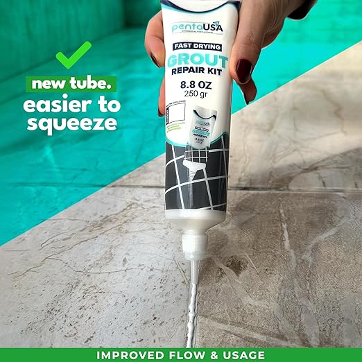 PentaUSA Tile Grout Repair Kit - Premixed Squeezable Sanded Grout Filler for Shower, Bathroom & Kitchen, Fast Drying Waterproof Triple Protection, Fills Cracked Grout Lines (White, 8.8oz / 250g)