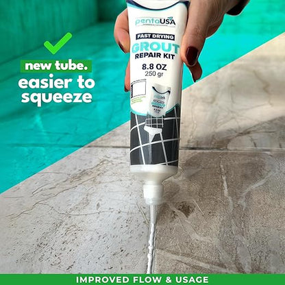 PentaUSA Tile Grout Repair Kit - Premixed Squeezable Sanded Grout Filler for Shower, Bathroom & Kitchen, Fast Drying Waterproof Triple Protection, Fills Cracked Grout Lines (White, 8.8oz / 250g)