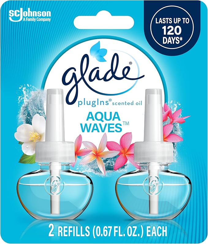 Glade PlugIns Refills Air Freshener, Scented and Essential Oils for Home and Bathroom, Aqua Waves, 1.34 Fl Oz, 2 Count