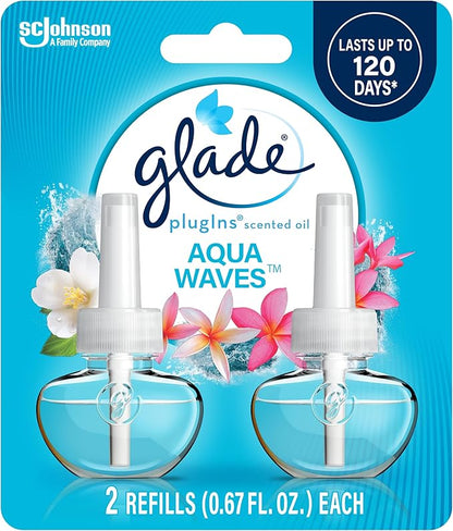 Glade PlugIns Refills Air Freshener, Scented and Essential Oils for Home and Bathroom, Aqua Waves, 1.34 Fl Oz, 2 Count