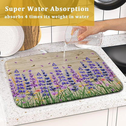 Lavender Floral Dish Drying Mat 16x18 inch Spring Summer Flower Decorative Fast Dry Dishes Drainer Mats Reversible Washable Dish Rack Pad