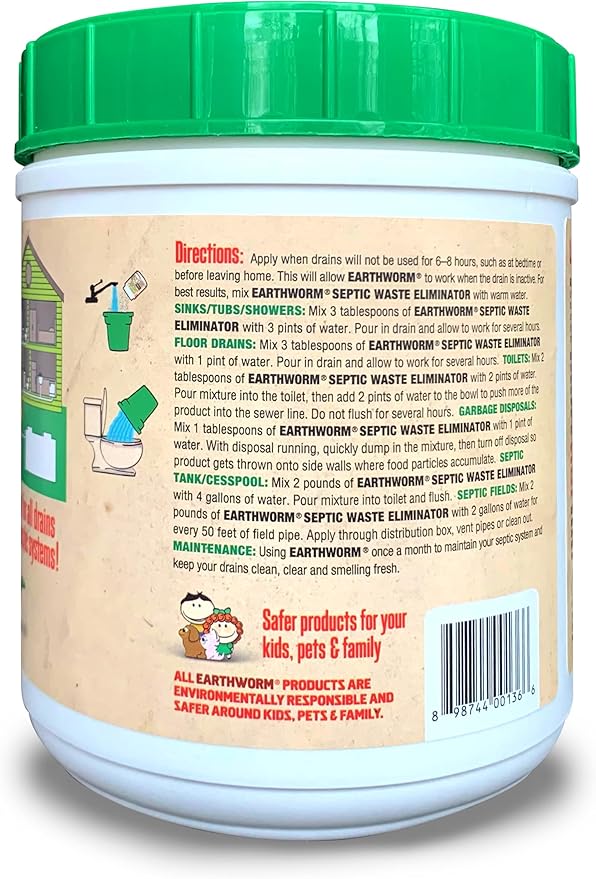 Earthworm Septic Waste Eliminator - 2lb Powder for Cleaning Septic Tanks and Drains, Added Lipase to Dissolve Fats, Added Cellulase to Break Down Paper, Cleans System with No Caustic Chemicals