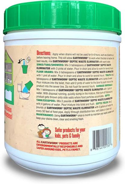 Earthworm Septic Waste Eliminator - 2lb Powder for Cleaning Septic Tanks and Drains, Added Lipase to Dissolve Fats, Added Cellulase to Break Down Paper, Cleans System with No Caustic Chemicals