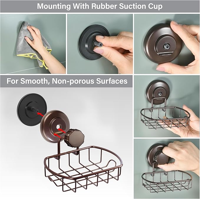 HASKO Suction Cup Soap Dish for Shower Wall, Rustproof Stainless Steel, Shower Soap Holder with Hooks, Includes Optional No Drill Adhesive Mount for Bathroom and Soap Saver, Bronze