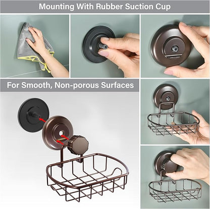 HASKO Suction Cup Soap Dish for Shower Wall, Rustproof Stainless Steel, Shower Soap Holder with Hooks, Includes Optional No Drill Adhesive Mount for Bathroom and Soap Saver, Bronze