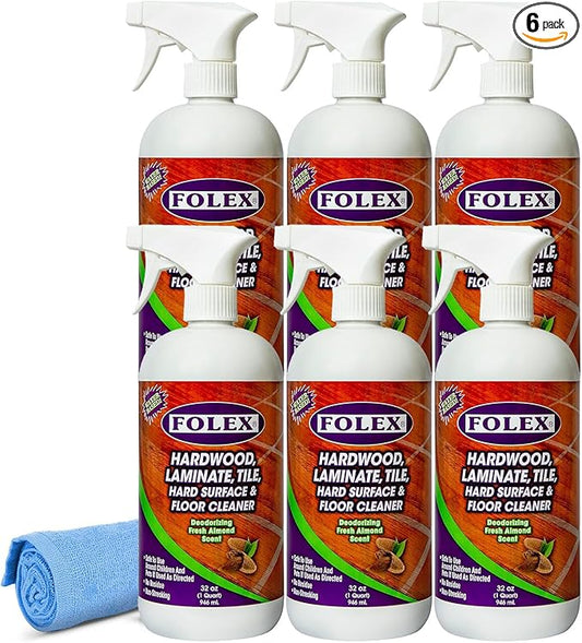 FOLEX Hardwood, Laminate, Tile, Hard Surface & Floor Cleaner with Reusable Cleaning Cloth, Fresh Almond Scent, Residue and Streak Free - 6 Pack