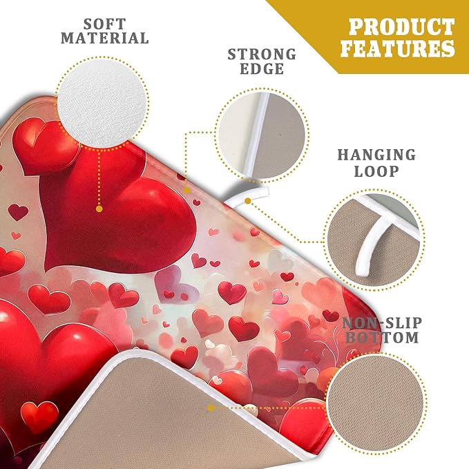 Valentines Day Dish Drying Mat for Kitchen Counter 18x16 Inch Red Heart Drying Mat with Absorbent Reversible Microfiber Holiday Love Dish Drainer Mats Rack Pad for Coffee Countertop Protector
