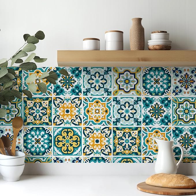 30Pcs Bohemian Self-Adhesive Wall Sticker, Floral Pattern, Peel and Paste, Waterproof Living Room Kitchen Bedroom Wall Sticker, Tile Wall Sticker, Home Wall Decor, 4x4 Inch