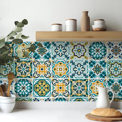 30Pcs Bohemian Self-Adhesive Wall Sticker, Floral Pattern, Peel and Paste, Waterproof Living Room Kitchen Bedroom Wall Sticker, Tile Wall Sticker, Home Wall Decor, 4x4 Inch