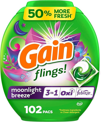 Gain Flings Laundry Detergent Pacs, 102 Count, Moonlight Breeze Scent, with Odor Defense, concentrated laundry soap pacs