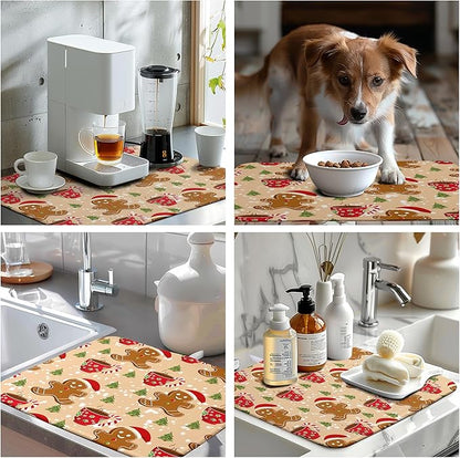 Cute Gingerbread Man Xmas Dish Drying Mat, Absorbent Dish Pad, 18x24 inch
