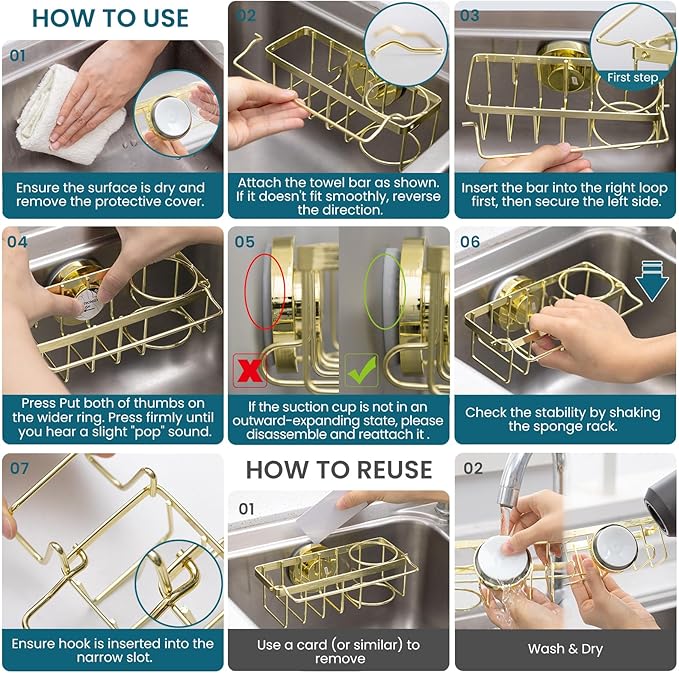 TAILI Sponge Holder with Strong Suction Cup, 4-in-1 Rustproof Sink Organizer - Sink Caddy Holds Sponges, Brushes, Stoppers & Scrapers -Gold