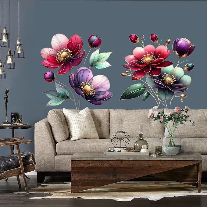 Boho Flower Wall Stickers Wildflower Floral Grass Peel and Stick Wall Stickers Living Room Bedroom Nursery Wall Decor (Red)