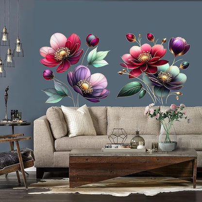 Boho Flower Wall Stickers Wildflower Floral Grass Peel and Stick Wall Stickers Living Room Bedroom Nursery Wall Decor (Red)
