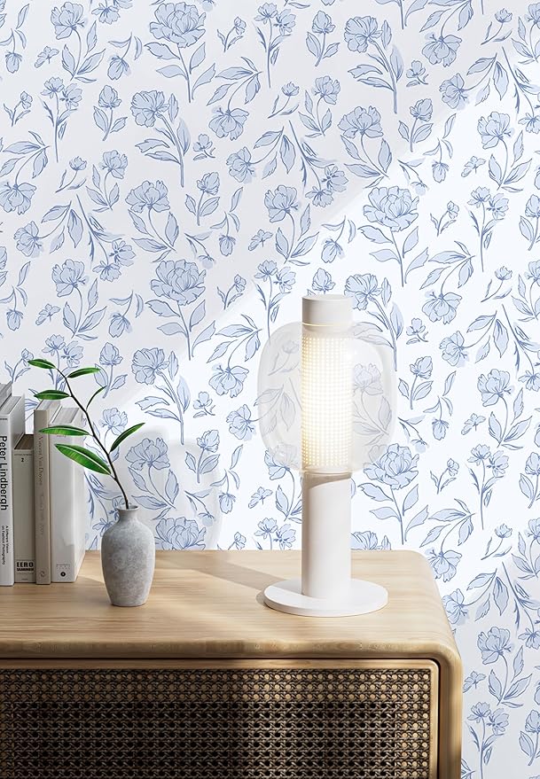 Timeet Floral Peel and Stick Wallpaper Blue and White Wallpaper Removable Self-Adhesive Wall Paper for Bedroom Bathroom Vintage Contact Paper for Walls Covering 17In×78.7In