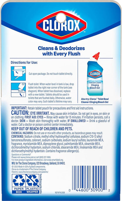 Clorox Ultra Clean Toilet Tablets Bleach & Blue, Rain Clean Scent 2.47 Ounces Each, 2 Count (Package May Vary)
