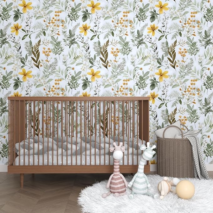 Wallpaper Peel and Stick Green Leaf, Vintage Yellow Floral Contact Paper 17.5" x 393.7", Botanical Wall Paper Self Adhesive Removable Waterproof for Bathroom Shelf Cabinet Drawer Table Decor