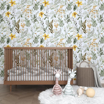 Green Leaf Wallpaper Peel and Stick, Vintage Yellow Floral Contact Paper 17.5" x 197", Botanical Wall Paper Self Adhesive Removable Waterproof for Bathroom Bedroom Shelves Cabinet Drawer Table Decor