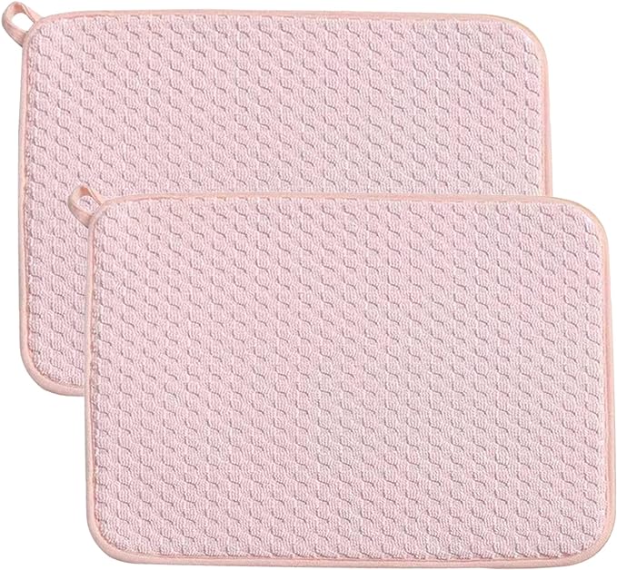 Pink Dish Drying Mats for Kitchen Counter, 2 Pack Dish Drying Mat Drying Pad, Dish Rack Drainer Mat, Kitchen Mat (Pink)