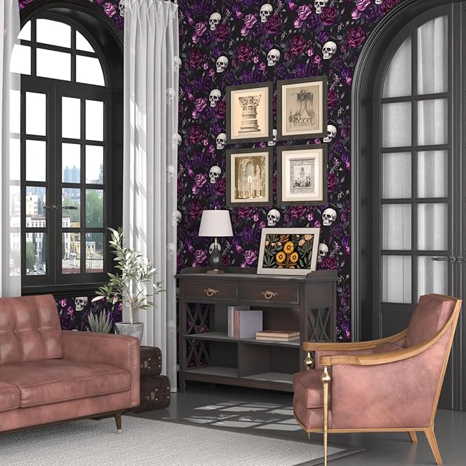 Fvlow Black Floral Wallpaper Peel and Stick 17.4" x 393" Gothic Floral Vintage Sugar Skull Contact Paper Removable Self Adhesive Waterproof Covering for Cabinet Drawers Home Decor