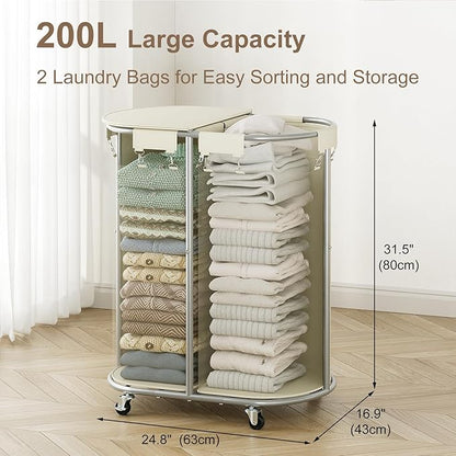 Chrislley 200L Double Laundry Hamper with Wheels and Lid, Large Oval Rolling Laundry Basket 2 section, Laundry Cart with Removable Bags and Iron Frame, Dirty Clothes Hamper for Home, Dorm, Beige