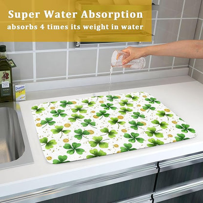 Green Shamrock St. Patrick's Day Dish Drying Mat 18 x 24 Inch With Absorbent Reversible Microfiber Lucky Clover Drying Spring Dish Drainer Mat Fast Dry For Kitchen Dining Room Decor