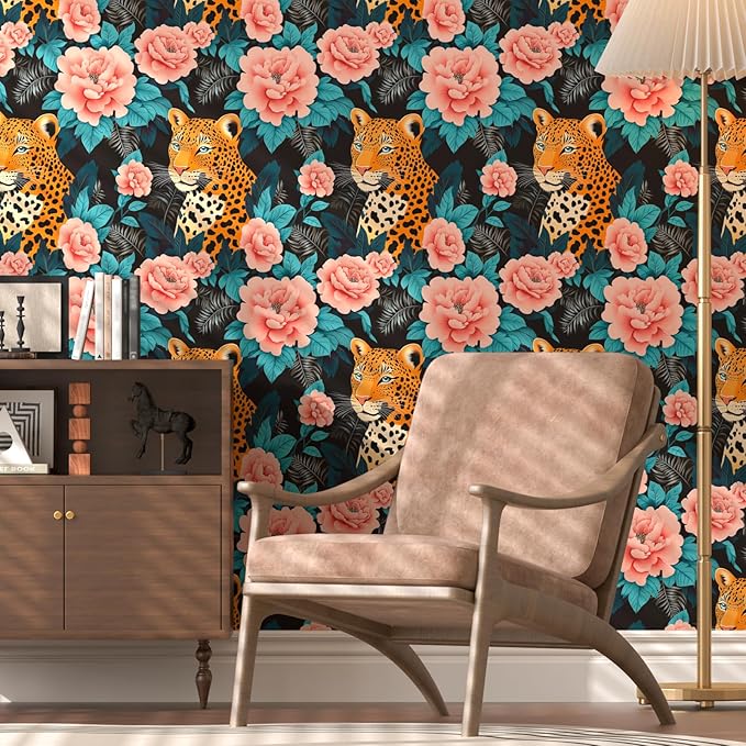 Fvlow Pink Floral Wallpaper Peel and Stick Leopard Jungle Contact Paper Wall Paper Waterproof Self-Adhesive Wall Covering for Bedroom Countertop Desk Cabinets Decor Renter Friendly 17.4" x 118"