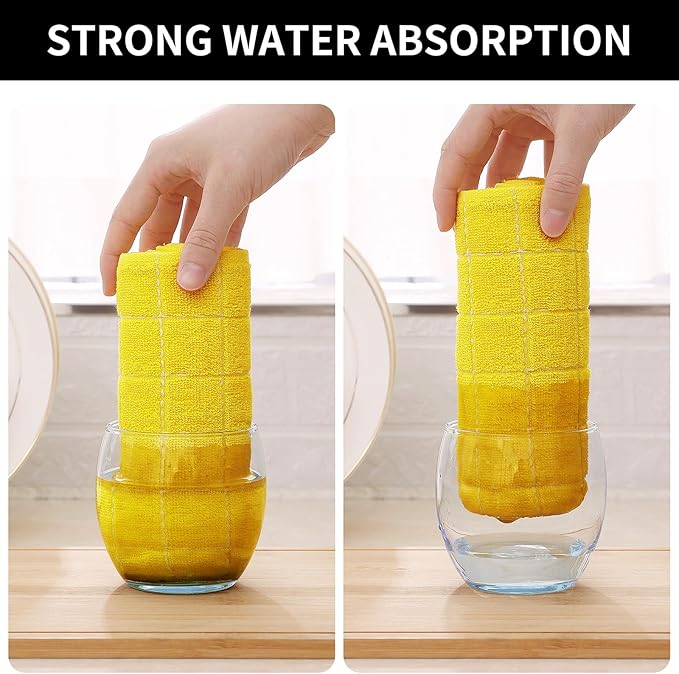 Homaxy 100% Cotton Terry Kitchen Towels(Yellow, 13 x 28 inches), Checkered Designed, Soft and Super Absorbent Dish Towels, 4 Pack