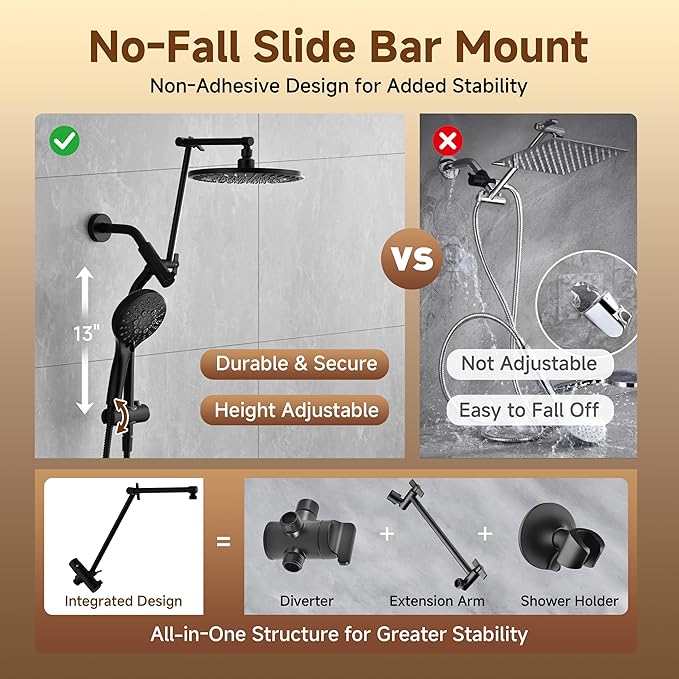 BRIGHT SHOWERS Rain Shower Head with Handheld Spray, High Pressure Dual Shower Head, Adjustable Extension Arm & Slide Bar, 9 Spray Modes Built-in Power Wash, 3-Way Diverter, 69" Hose, Matte Black