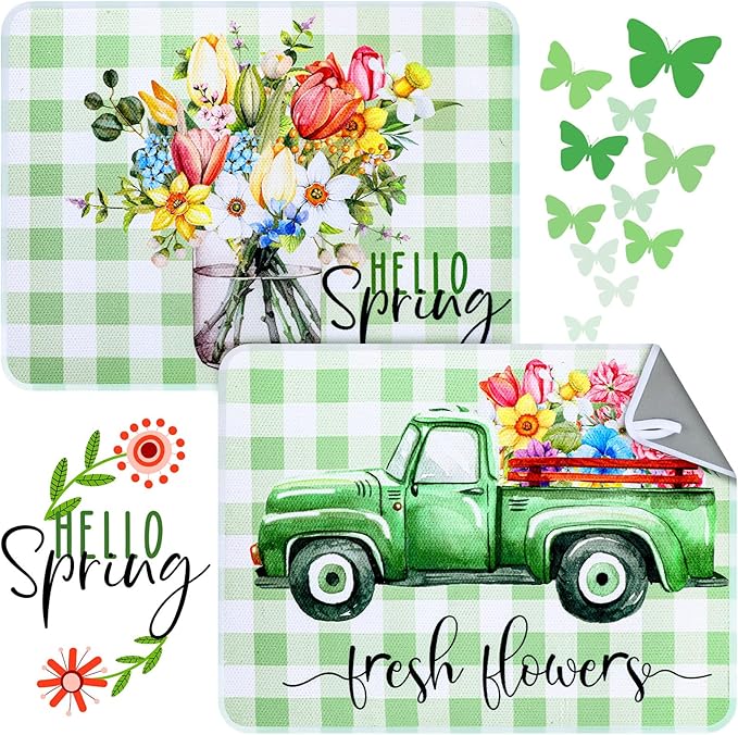 SiliFine 2 Pcs Dish Drying Mat for Kitchen, Spring Floral Absorbent Microfiber Dish Mat Counter 18 x 24 Inch Truck Flower Leaves Draining Green Drying Reusable Washable Pad