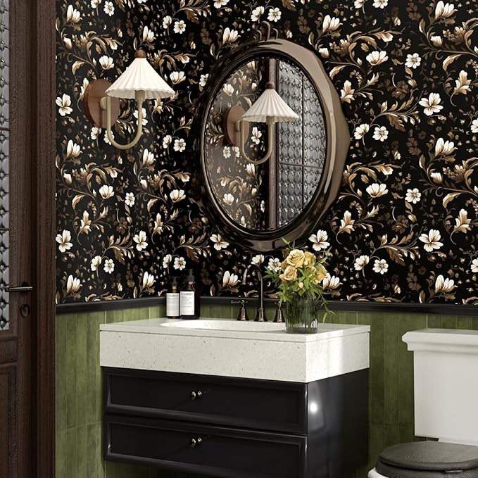 Fvlow Vintage Wallpaper Peel and Stick Black Floral Wallpaper Black White Wall Paper Vintage Leaf Contact Paper Waterproof Self-Adhesive Wall Covering for Bedroom Countertop Desk Cabinet 17.4" x 393"