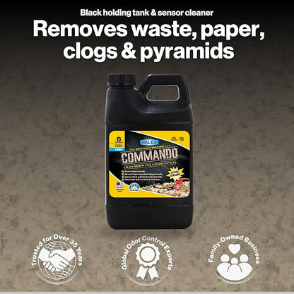 Walex Commando Liquid Black Holding Tank and Sensor Cleaner for RV, Camper & Marine - Rapid Breakdown of Waste & Toilet Paper, Cleans Entire Tank within 12-24 Hours, Restores Sensor Function, 32oz