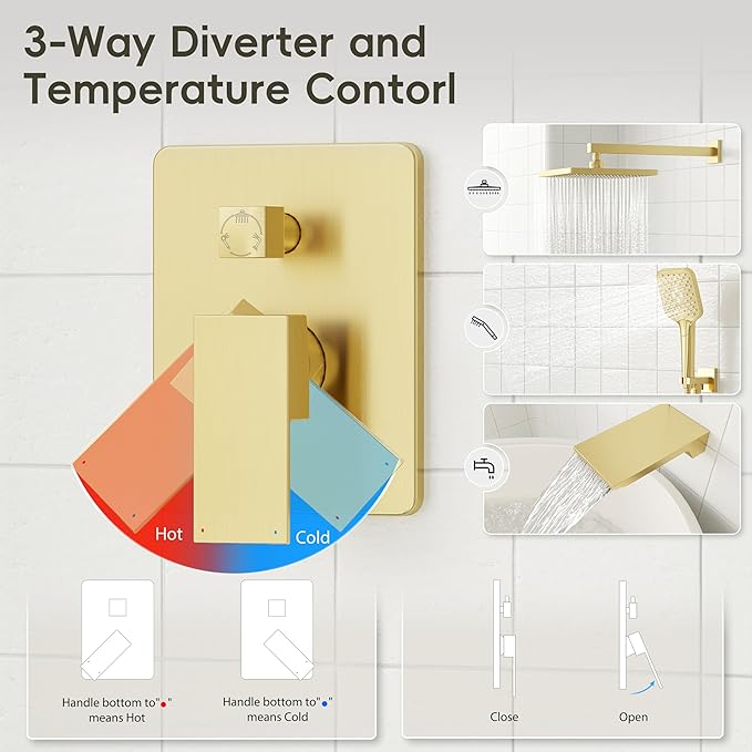 Gabrylly Shower System with Tub Spout, Wall Mounted Shower Faucet Set for Bathroom with High Pressure 10" Rain Shower head and 3-Setting Handheld Shower Head Set,Brushed Gold