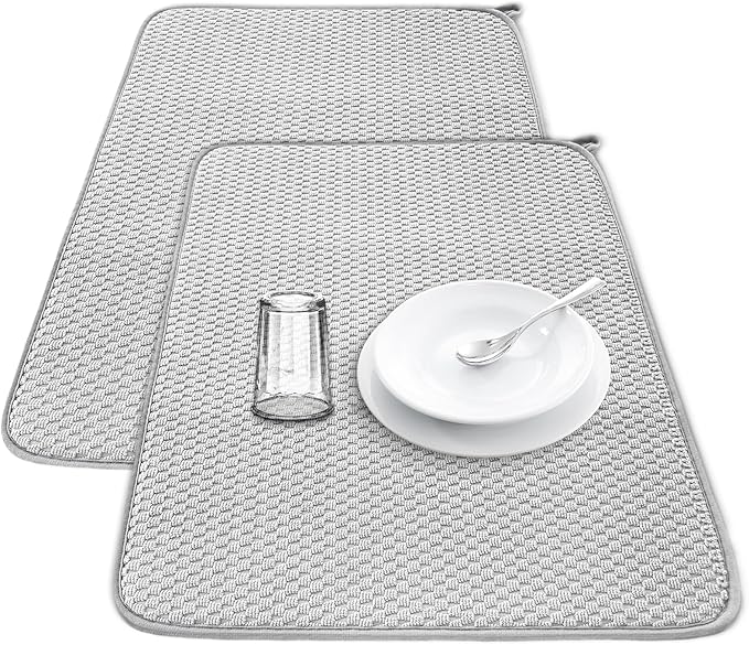 2Pcs XXL Dish Drying Mat,Absorbent Microfiber Dish Drainer Mats,Kitchen Counter Pads for Coffee Countertops,Sinks,Draining Racks(24×17",Gray)