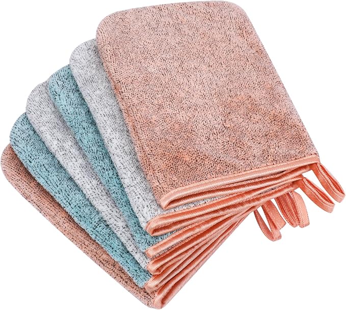 PHOGARY 6 Pack Microfiber Body Wash Mitts, 6×8 Inch Super Absorbent & Soft Face Mitten, Coral Fleece Bath Spa Cloth, Reusable Makeup Remover Mitt Gloves, 3 Colors