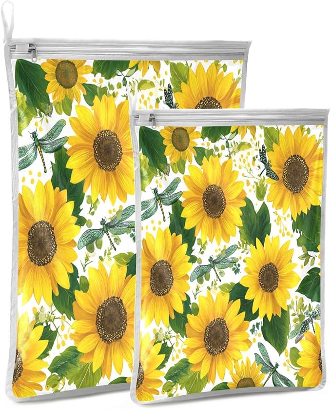 Mesh Laundry Bags Lingerie Bags for Washing Delicates 2 PCS Durable Wash Bag with Zipper Small and Medium Washable Cute Yellow Sunflowers and Dragonflies