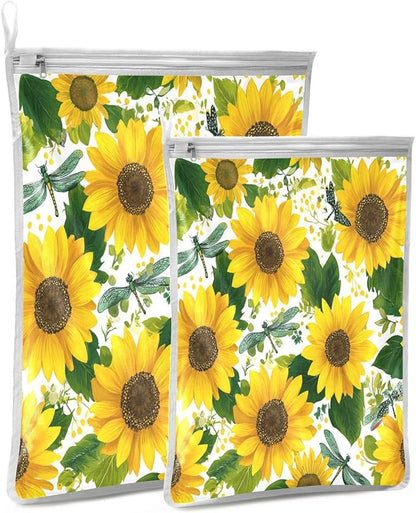 Mesh Laundry Bags Lingerie Bags for Washing Delicates 2 PCS Durable Wash Bag with Zipper Small and Medium Washable Cute Yellow Sunflowers and Dragonflies