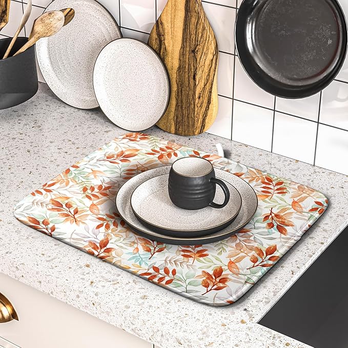 Fall Dish Drying Mat for Kitchen Counter 16x18 Burnt Orange Leaves Autumn Harvest Theme Thanksgiving Absorbent Reversible Microfiber Drying Mats Kitchen Countertop Protector Dishes Drainer Pad