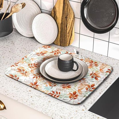 Fall Dish Drying Mat for Kitchen Counter 16x18 Burnt Orange Leaves Autumn Harvest Theme Thanksgiving Absorbent Reversible Microfiber Drying Mats Kitchen Countertop Protector Dishes Drainer Pad