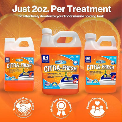 Walex Citra-Fresh Liquid Holding Tank Treatment for RV, Camper & Marine - Black Water Tank Deodorizer for Rapid Breakdown of Waste & Toilet Paper, Biocide-Free, Septic Tank Safe, 64oz