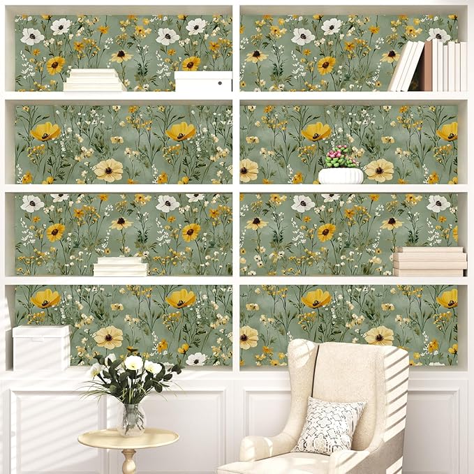 Laatse Vintage Daisy Wallpaper Peel and Stick, Green Yellow Floral Contact Paper, Botanical Wall Paper Self Adhesive Removable Waterproof for Bathroom Bedroom Shelf Cabinet Drawer Table 17.5" x 118"