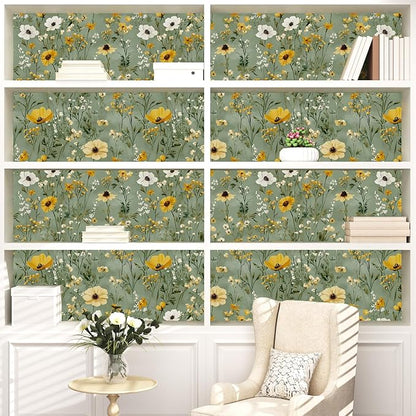 Laatse Vintage Daisy Wallpaper Peel and Stick, Green Yellow Floral Contact Paper, Botanical Wall Paper Self Adhesive Removable Waterproof for Bathroom Bedroom Shelf Cabinet Drawer Table 17.5" x 118"