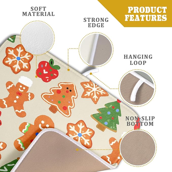 Christmas Dish Drying Mat for Kitchen Counter 16x18 Cute Gingerbread Themed Winter Xmas Holiday Absorbent Reversible Microfiber Drying Mats Kitchen Countertop Protector Dishes Drainer Rack Pad