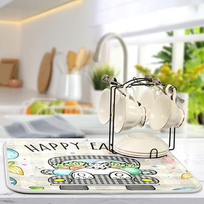 Easter Eggs Bunny Rabbit Dish Drying Mat Quick Absorbent 18x24 Easter Day Black White Buffalo Plaid Kitchen Drying Mat for Countertop Sink Reusable Dishes Mats Kitchen Essentials