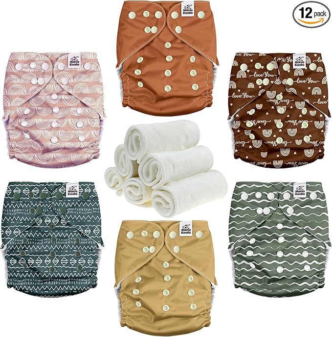 Mama Koala 3.0 Cloth Diapers for Babies with Suede Lining, 6 Pack with 6 Natural Cloth Diaper Inserts - Reusable and Washable Pocket Diapers (S-Classic & Timeless)