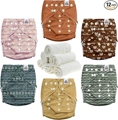 Mama Koala 3.0 Cloth Diapers for Babies with Suede Lining, 6 Pack with 6 Natural Cloth Diaper Inserts - Reusable and Washable Pocket Diapers (S-Classic & Timeless)