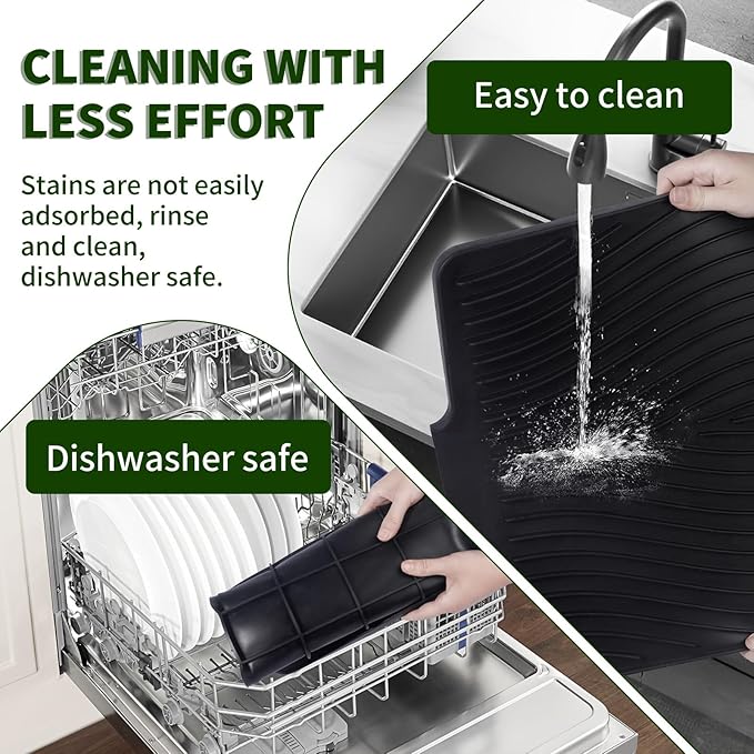 Silicone Dish Drying Mat 16x13 Multiple Usage,Easy clean,Eco-friendly,Heat-resistant Silicone Mat Dish Drying Mats For Kitchen Counter or Sink,Refrigerator or Drawer liner Black16inchx13inch
