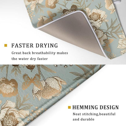 Retro Flower Bird Dish Drying Pad 18 x 24 Inch With Absorbent Reversible Microfiber Vintage Blue Gold Floral Drying Mats Dish Drainer Mat Fast Dry For Kitchen Dining Room Decoration