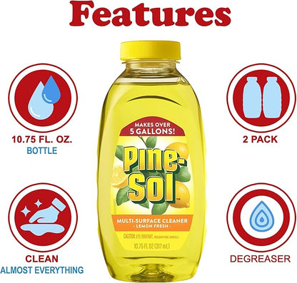 Pine-Sol Multi Surface Cleaner, 2 Pack, Concentrated Multi Purpose Cleaner and Degreaser for Kitchen and Bathroom, Makes 5 Gallons, Lemon Fresh Scent, 10.75 oz. Each